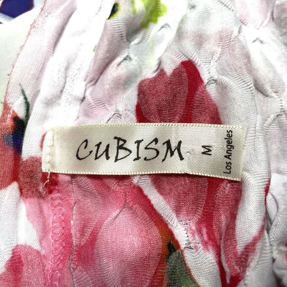 CUBISM Blouse Button Up Floral On White Long Sleeve Ruched - Picture 9 of 10